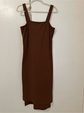 Women's Brown Ribbed Square-Neck Midi Dress